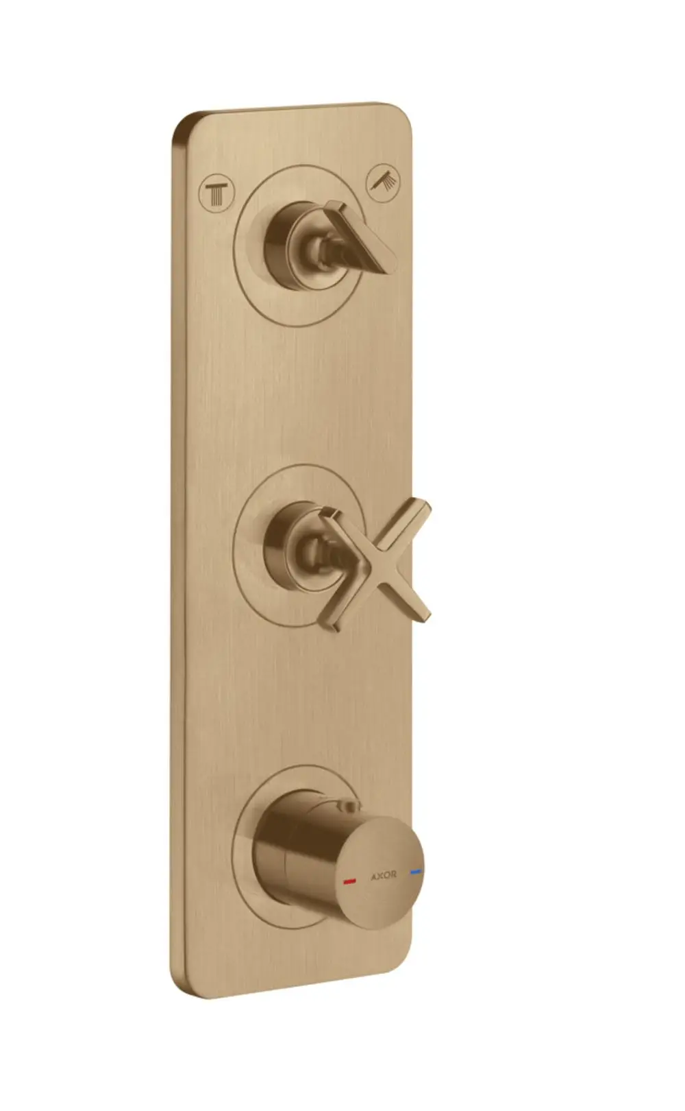 Thermostatmodul mit drei Bedienknöpfen auf einer rechteckigen Platte in Brushed Bronze, hergestellt von AXOR, zur Steuerung von zwei Wasserverbrauchern.